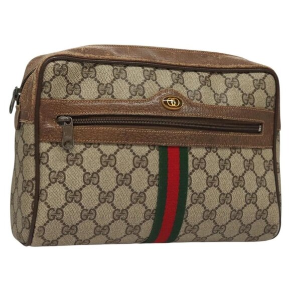 GUCCI GG Supreme Web Sherry Line Bag PVC Beige Gold 378 02 005 Auth BA4264 - Picture 1 of 16